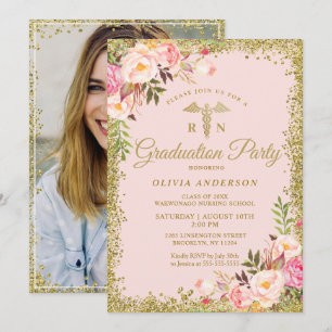 Invitation Pink Floral Gold Parties scintillant Infirmière di