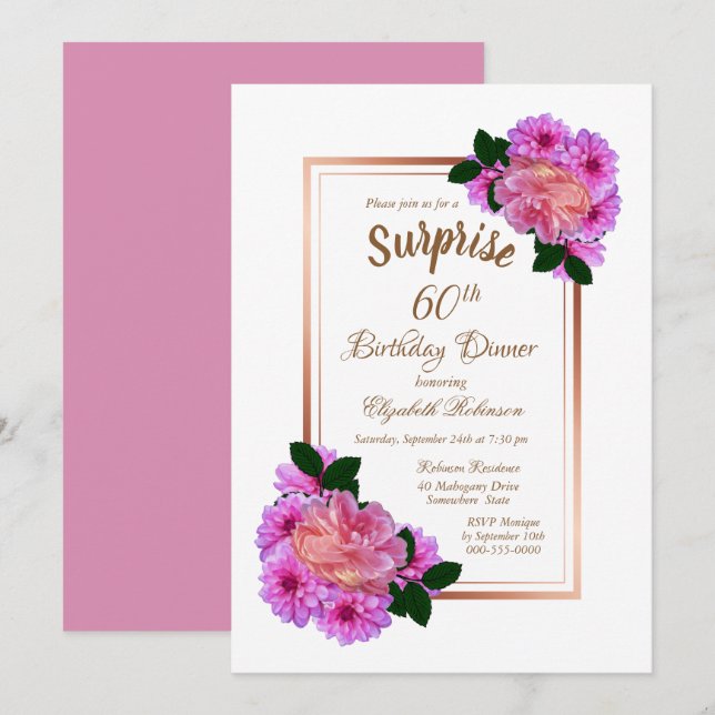 Invitation Pink Floral Gold Surprise 60e anniversaire Dîner (Devant / Derrière)