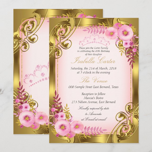 Invitation Pink Floral Gold Tiara fête d'anniversaire (Devant / Derrière)