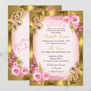 Invitation Pink Floral Gold Tiara fête d'anniversaire