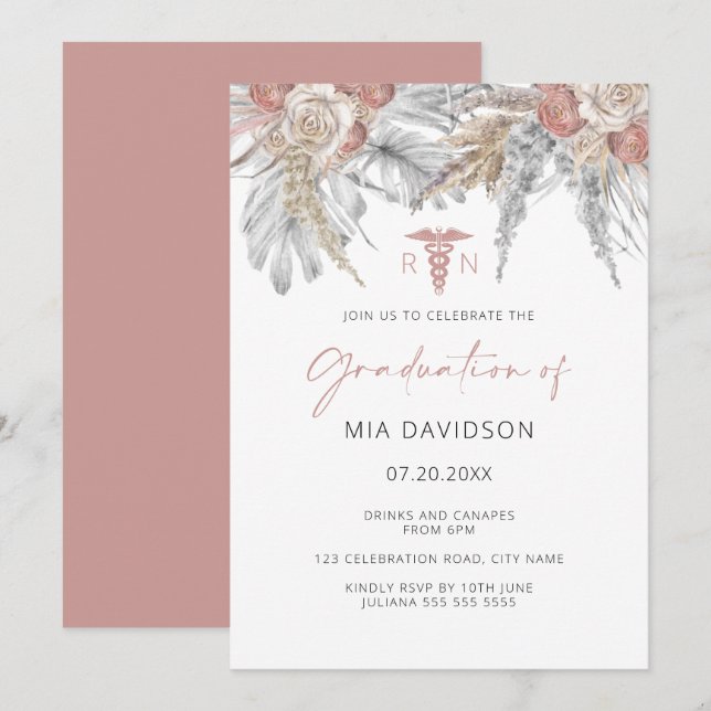 Invitation Pink Floral Grad Party Infirmière graduée (Devant / Derrière)