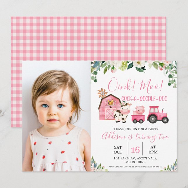 Invitation Pink Floral Grange Tracteur ferme photo Anniversai (Devant / Derrière)