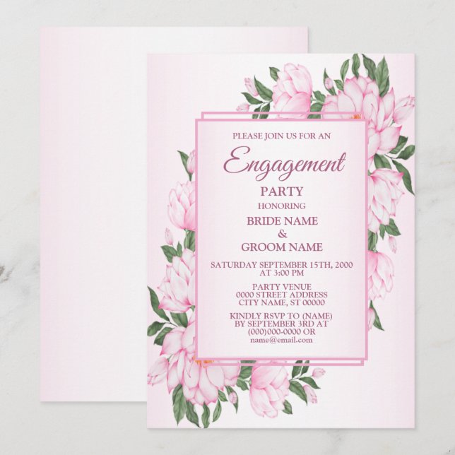 Invitation Pink Floral Green Leaves Elegant Engagement Party (Devant / Derrière)