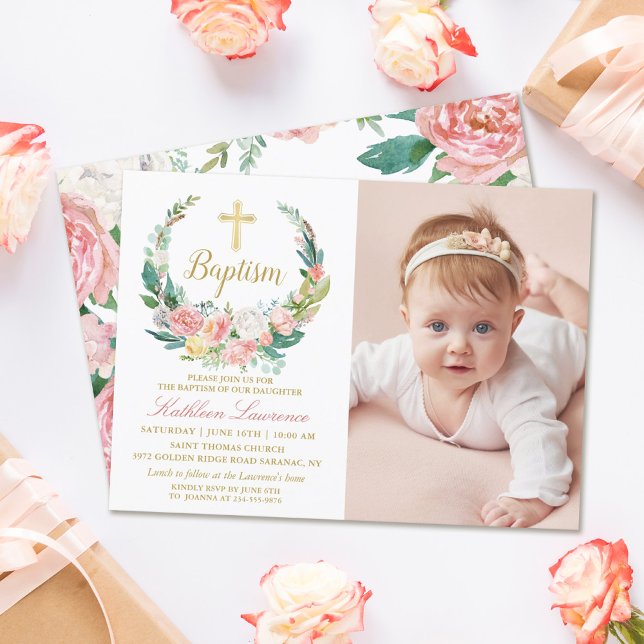 Invitation Pink Floral Greenery Wreath Girl Baptism Photo (Créateur téléchargé)