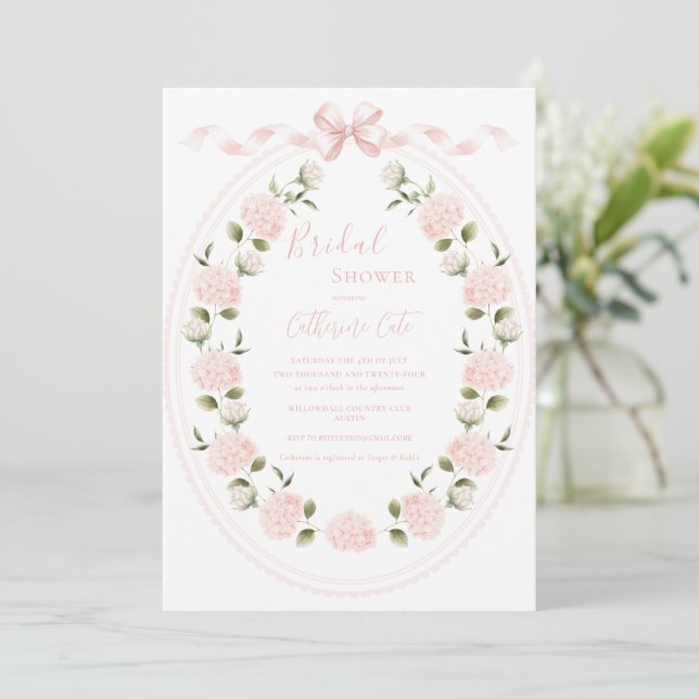 Invitation Pink Floral Hydrangea Elegant Bridal Shower  (Debout devant)