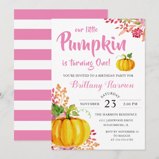 Invitation Pink Floral Little Citrouille 1er anniversaire Inv (Devant / Derrière)