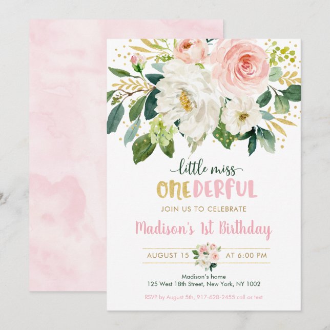 Invitation Pink Floral Little Miss Onederday premier annivers (Devant / Derrière)
