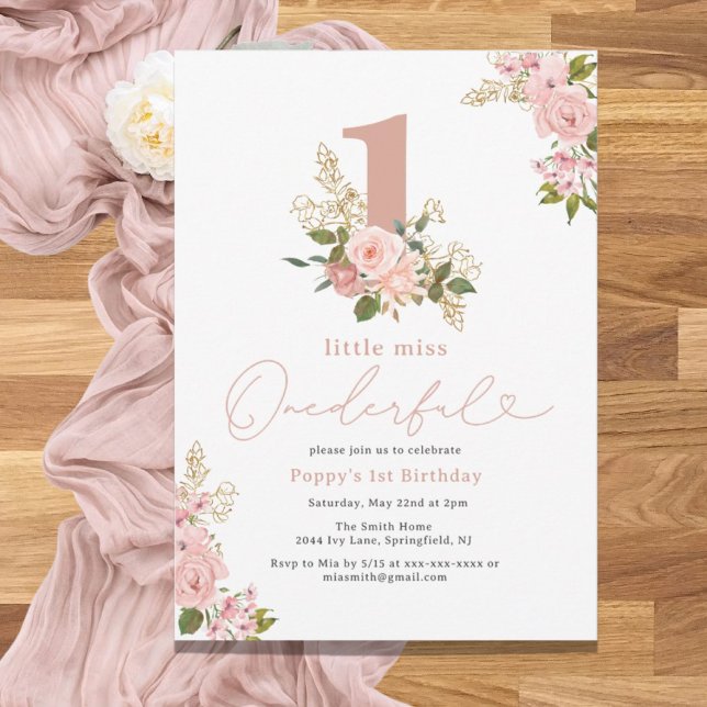 Invitation Pink Floral Little Miss Onederful 1er anniversaire (Créateur téléchargé)