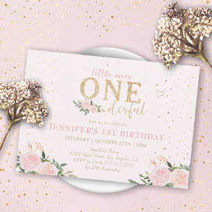 Invitation Pink Floral Little Miss Onederful 1er anniversaire