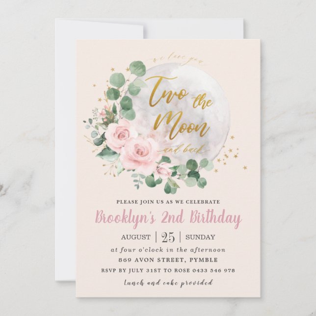 Invitation Pink Floral Love You Two the Moon 2e anniversaire (Devant)