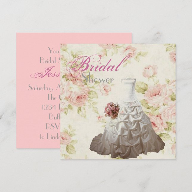 Invitation Pink Floral Mariage gown Fête des mariées Tea Part (Devant / Derrière)