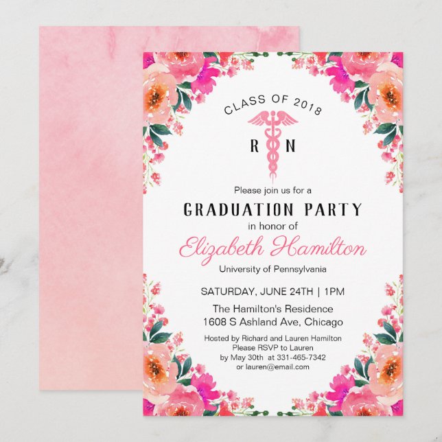 Invitation Pink Floral Médicale Nursing School Graduation (Devant / Derrière)