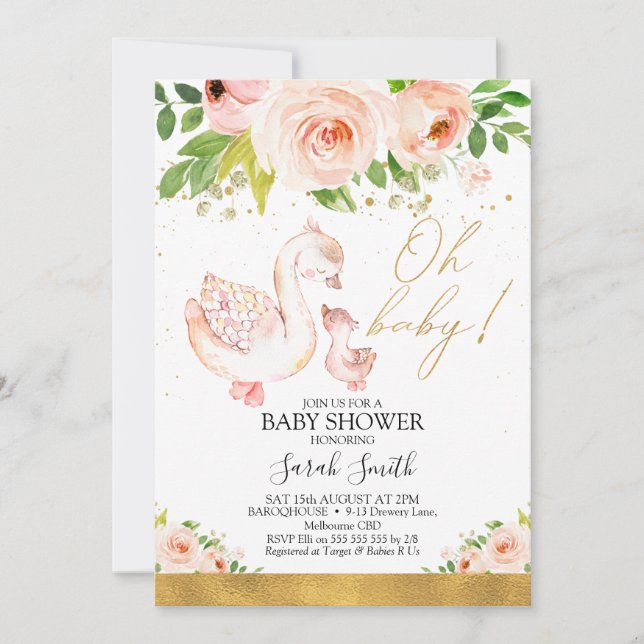 Invitation Pink Floral Mère Canard Baby shower (Devant)