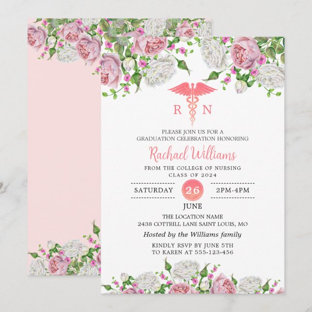 Invitation Pink Floral Nursing School Graduation Party (Devant / Derrière)