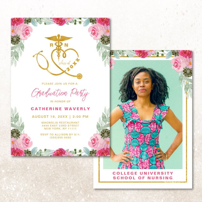 Invitation Pink Floral Nursing School Photo Graduation Invita (Créateur téléchargé)