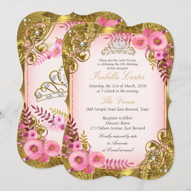 Invitation Pink Floral or blanc Pearl Tiara fête d'anniversai (Devant / Derrière)