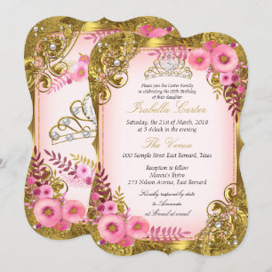 Invitation Pink Floral or blanc Pearl Tiara fête d'anniversai