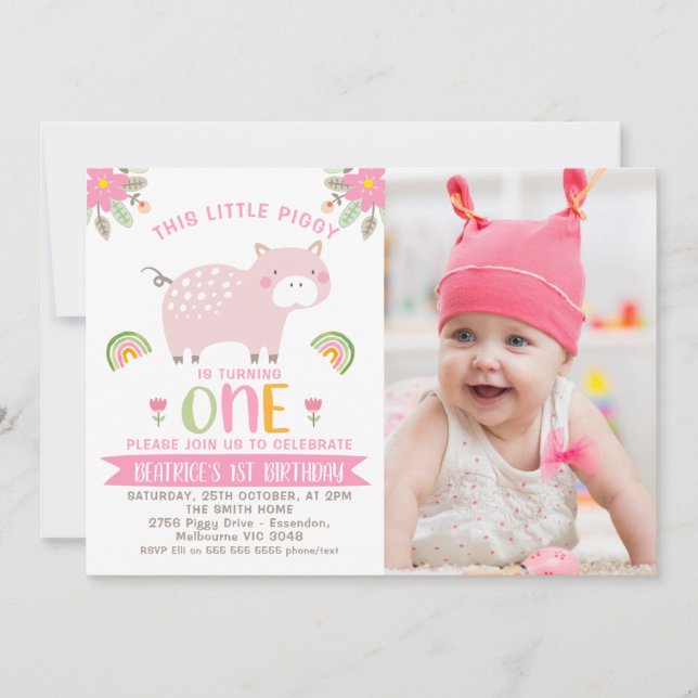 Invitation Pink Floral Photo Little Piggy 1er anniversaire (Devant)