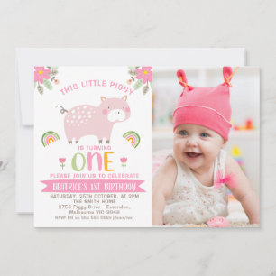 Invitation Pink Floral Photo Little Piggy 1er anniversaire