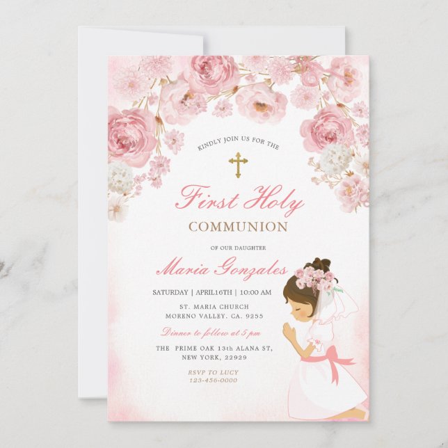 Invitation Pink Floral Praying Girl Illustration Gold Cross (Devant)
