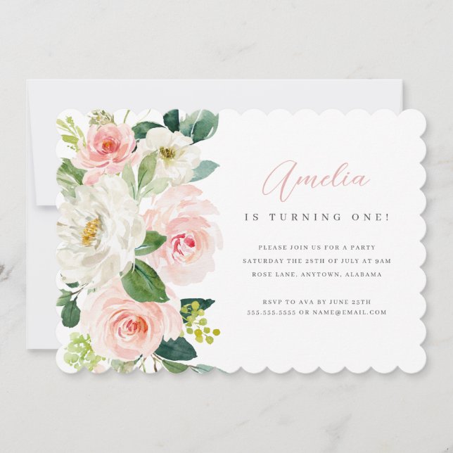 Invitation Pink Floral Première fête d'anniversaire Invitatio (Devant)