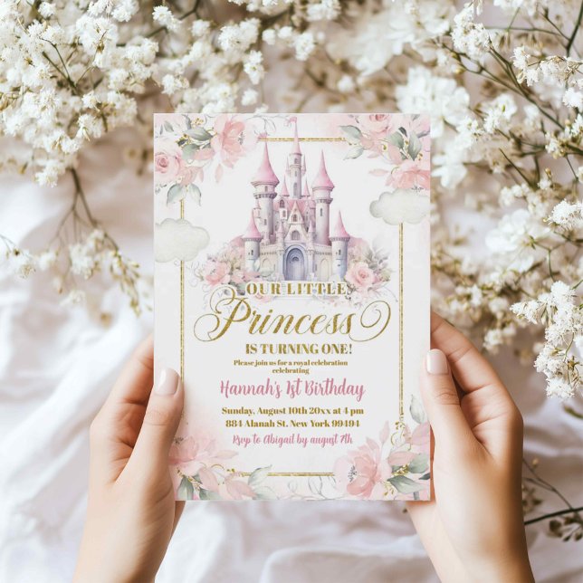 Invitation Pink Floral Princess Royal Castle 1er anniversaire (Créateur téléchargé)