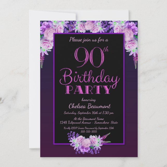 Invitation Pink Floral Purple 90e fête d'anniversaire (Devant)