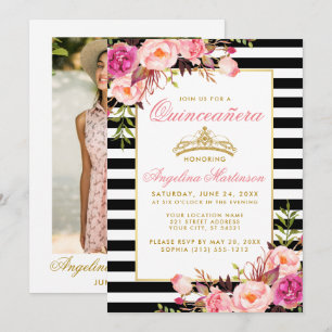 Invitation Pink Floral Quinceanera Gold Crown
