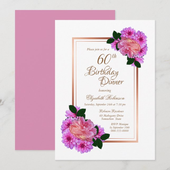 Invitation Pink Floral Rose Gold Border 60e anniversaire Dîne (Devant / Derrière)