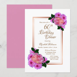 Invitation Pink Floral Rose Gold Border 60e anniversaire Dîne