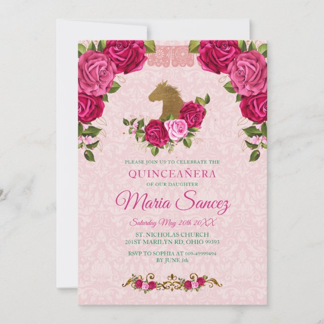 Invitation Pink Floral Rose & Gold Horse Quinceanera Annivers (Devant)