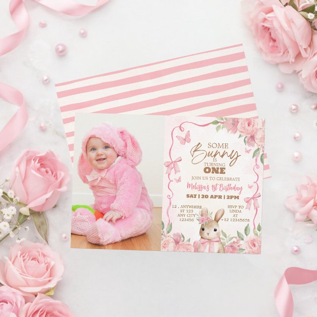 Invitation Pink Floral Some Bunny First Birthday Photo (Créateur téléchargé)