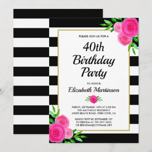 Invitation Pink Floral Stripes 40e Anniversaire Fête Invitati