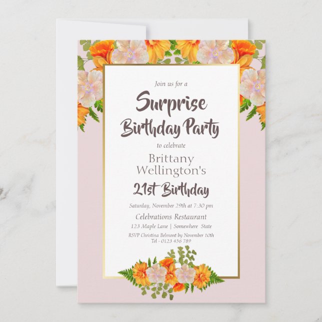 Invitation Pink Floral Surprise 21ème anniversaire (Devant)