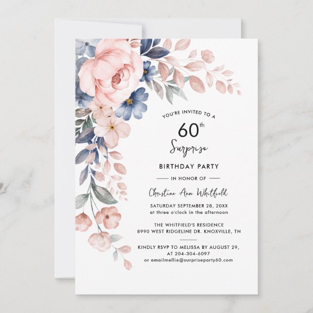 Invitation Pink Floral Surprise 60e anniversaire (Devant)