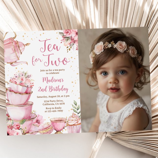 Invitation Pink Floral Tea Party 2ème anniversaire Photo (Créateur téléchargé)
