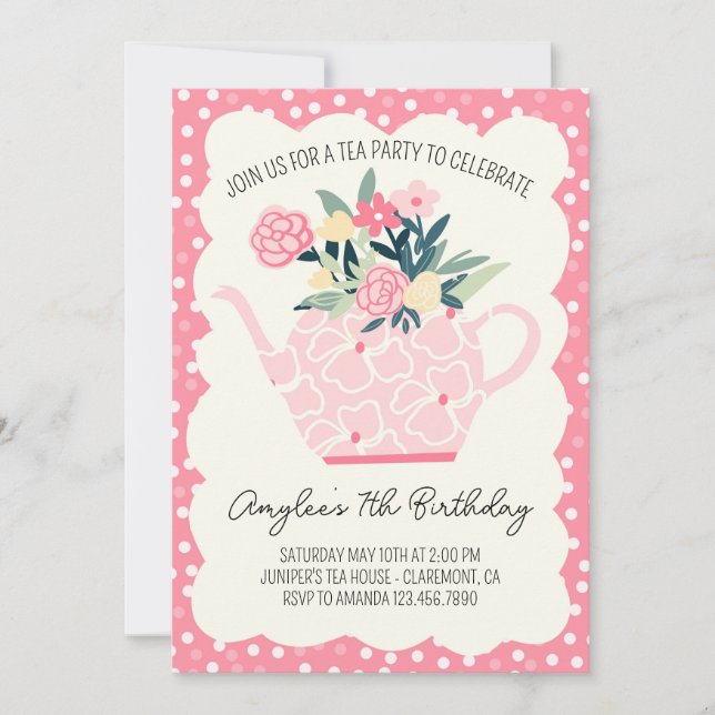 Invitation Pink Floral Tea Party Fille Anniversaire Invitatio (Devant)