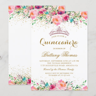 Invitation Pink Floral Tiara Quinceanera 15e anniversaire Inv