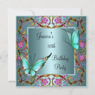 Invitation Pink Floral Turquoise Bleu papillon 30e anniversai
