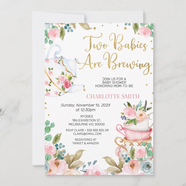 Invitation Pink Floral Twins Baby brasse du Baby shower (Devant)