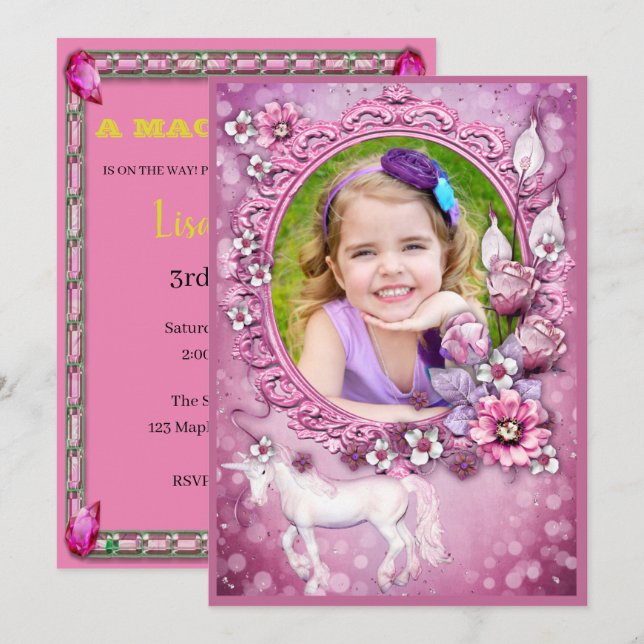 Invitation Pink Floral Unicorne Photo Anniversaire (Devant / Derrière)