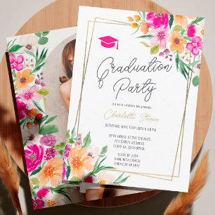 Invitation Pink floral vert chic or script graduation