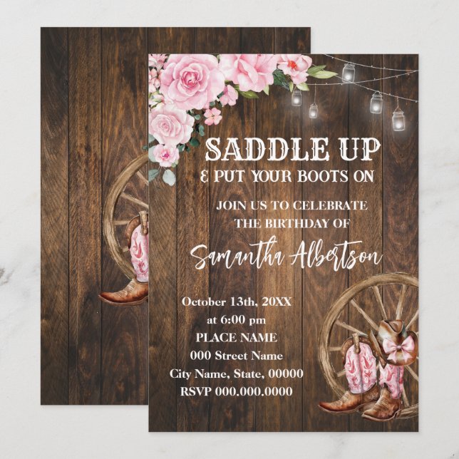 Invitation Pink Floral Western Cowgirl Anniversaire Pays (Devant / Derrière)