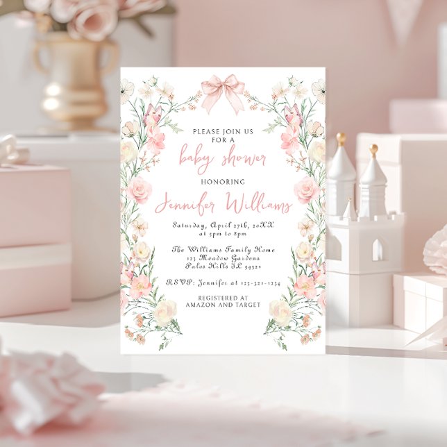 Invitation Pink Floral Wreath Bow Butterfly Baby Girl Douche (Créateur téléchargé)