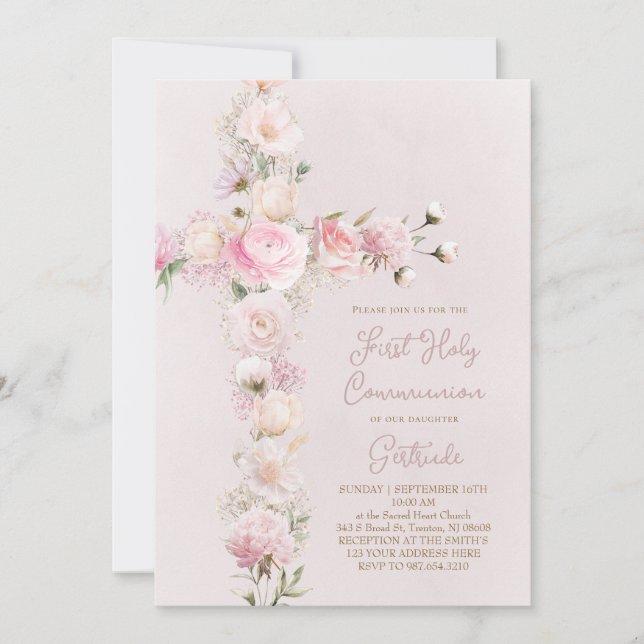 Invitation pink flowers cross First Holy Communion (Devant)