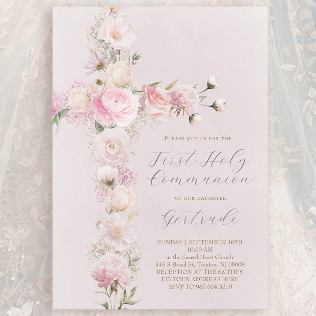 Invitation pink flowers cross First Holy Communion (Créateur téléchargé)