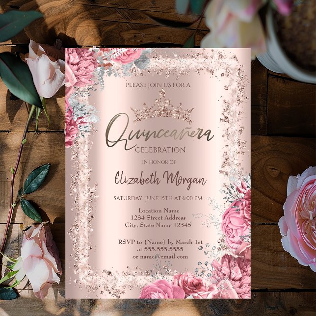 Invitation Pink Flowers Rose Gold Glitter Frame Crown  (Créateur téléchargé)