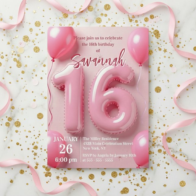 Invitation Pink Foil Balloon Typography Sweet 16 Birthday (Créateur téléchargé)