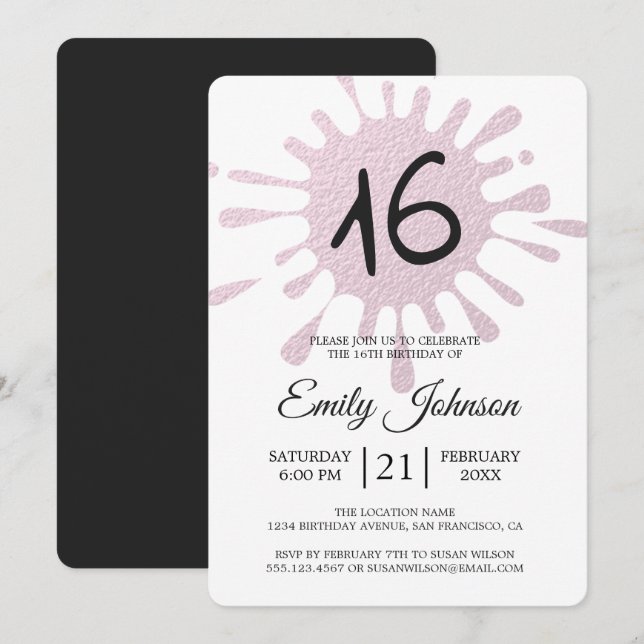Invitation Pink Foil Splash Sweet 16 16e fête d'anniversaire (Devant / Derrière)