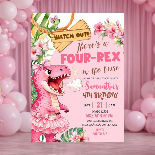 Invitation Pink Four Rex On The Loose Fourth Birthday (Créateur téléchargé)